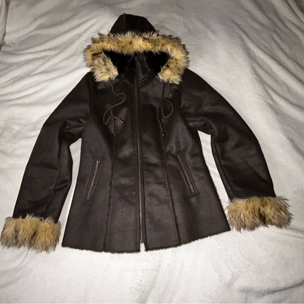 Women's Brown Faux Suede Fur Jacket Coat Powder River Outfitters Western Size M